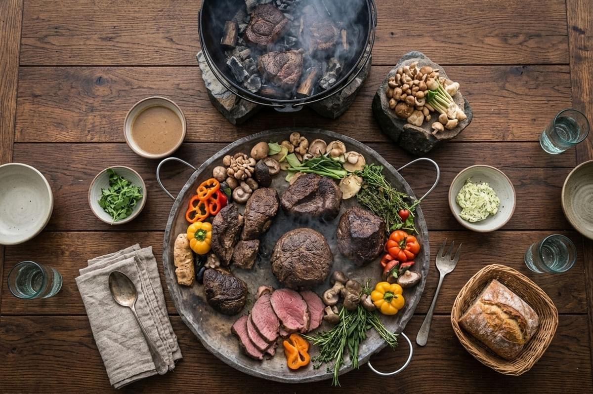 Overhead view of a rustic wooden table laden with a feast of grilled meats, vegetables, mushrooms, and bread Overhead view of a rustic wooden table laden with a feast of grilled meats, vegetables, mushrooms, and bread