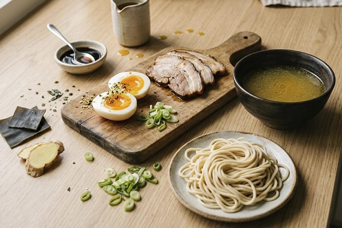 An editorial-style deconstructed layout of ramen ingredients on a light wooden countertop. A wooden board holds two halves of a soft-boiled egg seasoned with furikake, three slices of seared chashu pork, and chopped scallions. Surrounding the board are a small plate of cooked noodles, a dark ceramic bowl filled with golden broth, slices of fresh ginger, pieces of kombu, and a small dish of soy-based tare with a silver spoon. The composition is clean and organized, lit by soft side-lighting. An editorial-style deconstructed layout of ramen ingredients on a light wooden countertop. A wooden board holds two halves of a soft-boiled egg seasoned with furikake, three slices of seared chashu pork, and chopped scallions. Surrounding the board are a small plate of cooked noodles, a dark ceramic bowl filled with golden broth, slices of fresh ginger, pieces of kombu, and a small dish of soy-based tare with a silver spoon. The composition is clean and organized, lit by soft side-lighting.