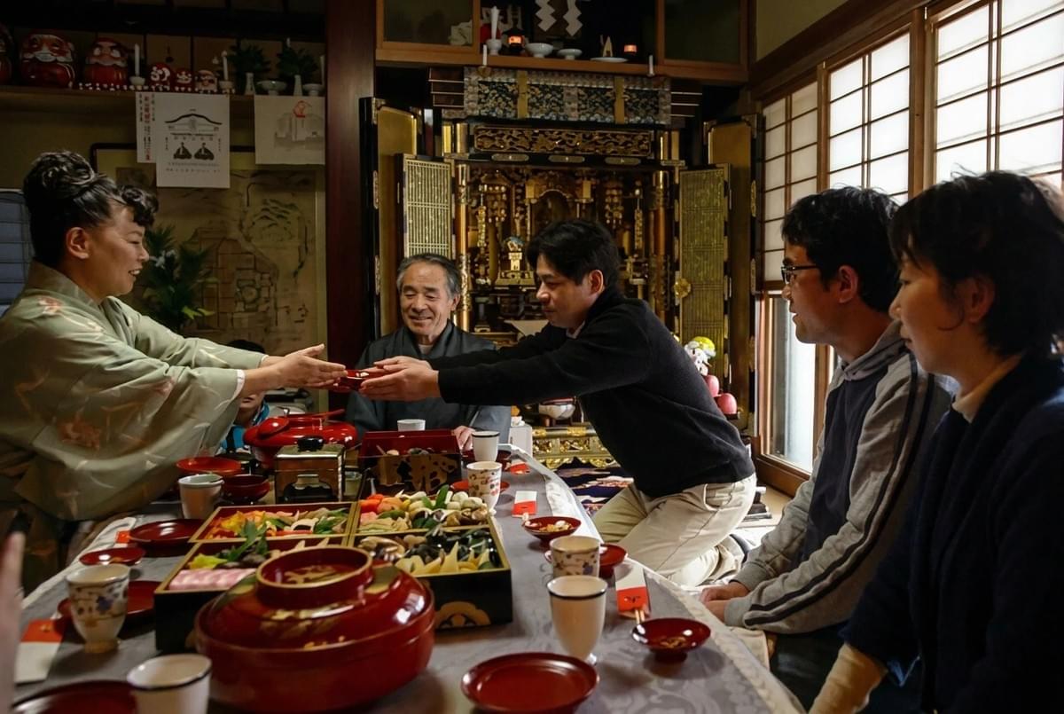 !Family seated around a low table sharing a traditional Japanese New Year osechi meal indoors. Family seated around a low table sharing a traditional Japanese New Year osechi meal indoors. !Family seated around a low table sharing a traditional Japanese New Year osechi meal indoors. Family seated around a low table sharing a traditional Japanese New Year osechi meal indoors.