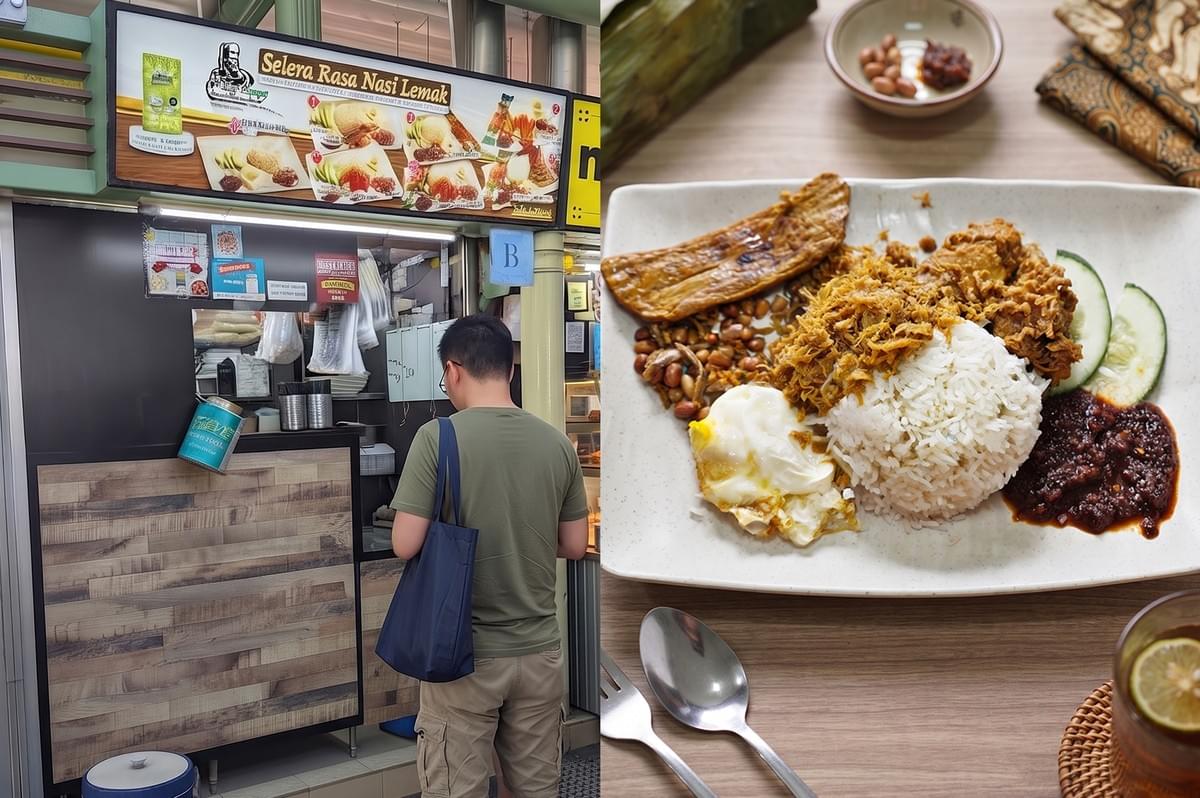 Selera Rasa Nasi Lemak stall storefront with a customer ordering and a plate of traditional Nasi Lemak dish with chicken, fried egg, cucumber, and sambal. Selera Rasa Nasi Lemak stall storefront with a customer ordering and a plate of traditional Nasi Lemak dish with chicken, fried egg, cucumber, and sambal.