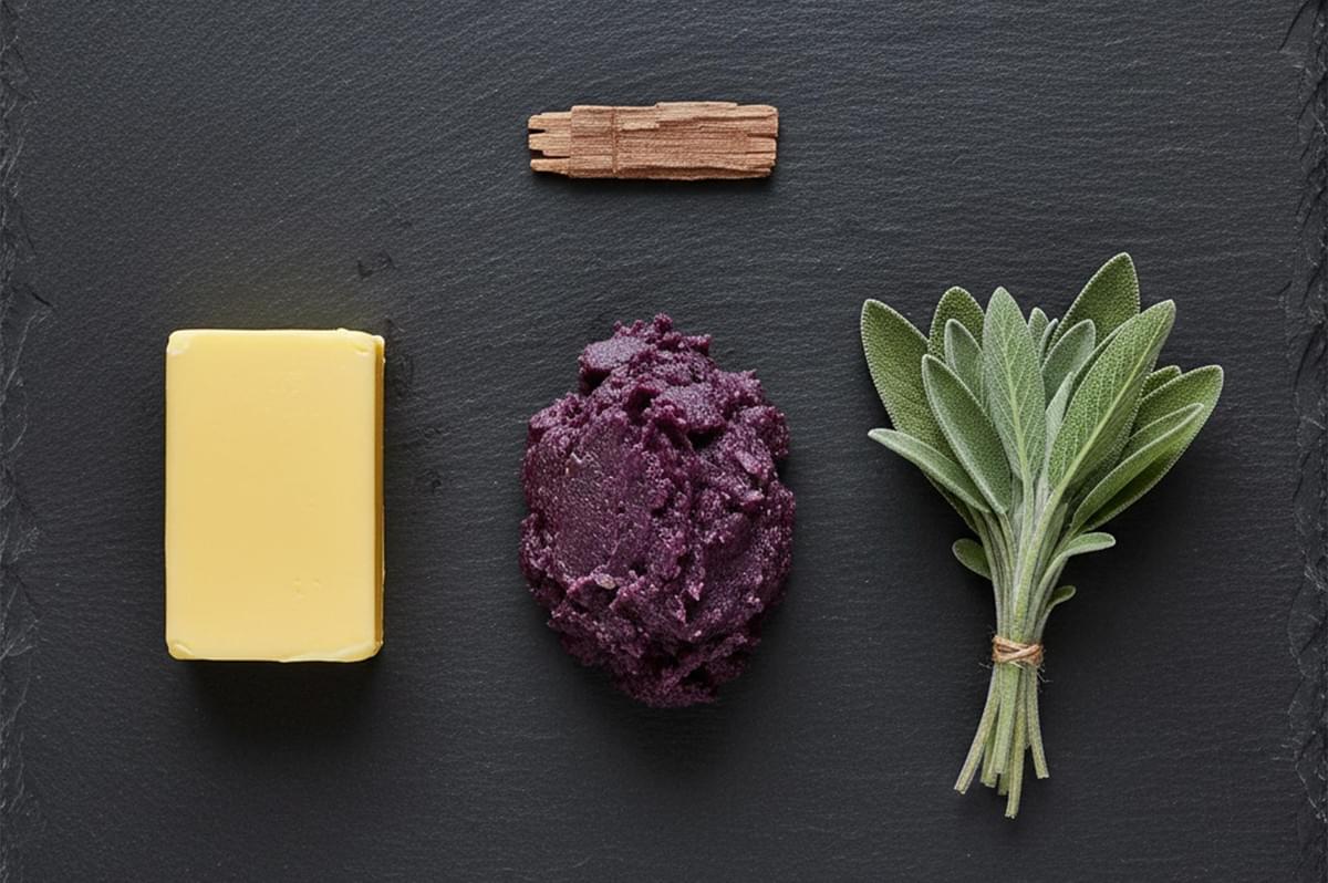 Flat lay of gnocchi ingredients: a block of butter, mashed purple yam, and a bunch of fresh sage on a black slate surface. Flat lay of gnocchi ingredients: a block of butter, mashed purple yam, and a bunch of fresh sage on a black slate surface.