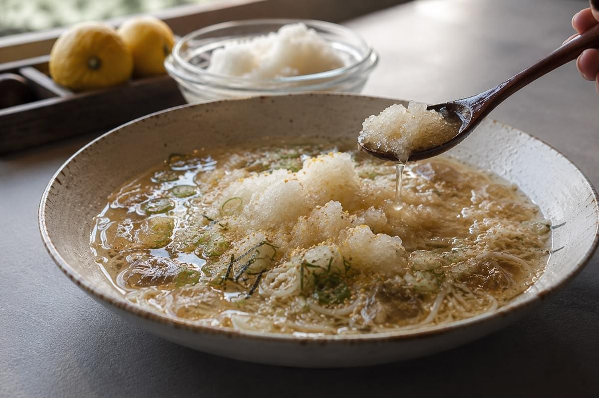 A wooden spoon scoops up slushy grated icy radish broth from a wide bowl of cold somen noodles, with additional bowls of grated radish and whole yuzu fruits resting in the blurred background. A wooden spoon scoops up slushy grated icy radish broth from a wide bowl of cold somen noodles, with additional bowls of grated radish and whole yuzu fruits resting in the blurred background.