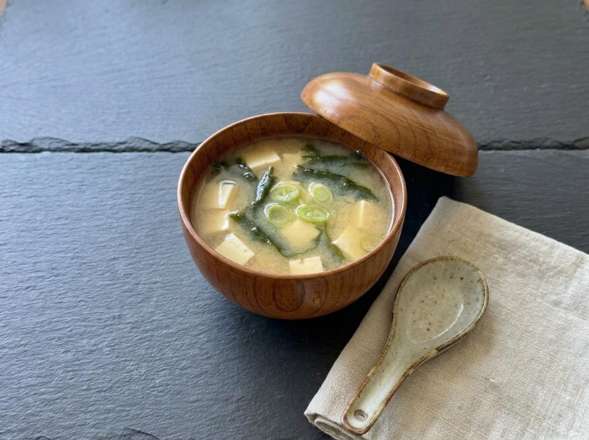 A wooden bowl of miso soup with tofu, seaweed, and green onions, served with a soup spoon. A wooden bowl of miso soup with tofu, seaweed, and green onions, served with a soup spoon.