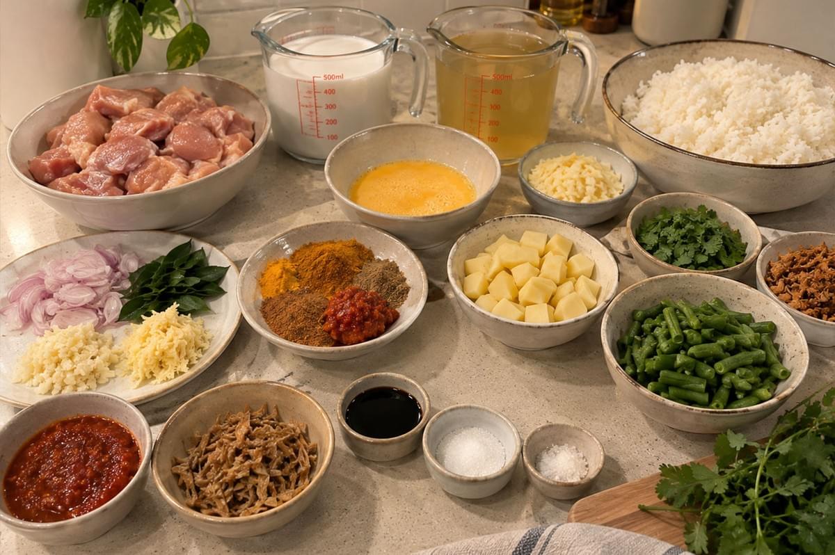 A high-angle view of prepped ingredients for a Singapore-style curry chicken rice bake neatly arranged on a countertop in ceramic bowls and glass measuring cups, including raw cubed chicken, steamed white rice, coconut milk, chicken broth, green beans, diced potatoes, minced garlic, ginger, shallots, curry leaves, ground spices, chili paste, and fresh cilantro. A high-angle view of prepped ingredients for a Singapore-style curry chicken rice bake neatly arranged on a countertop in ceramic bowls and glass measuring cups, including raw cubed chicken, steamed white rice, coconut milk, chicken broth, green beans, diced potatoes, minced garlic, ginger, shallots, curry leaves, ground spices, chili paste, and fresh cilantro.