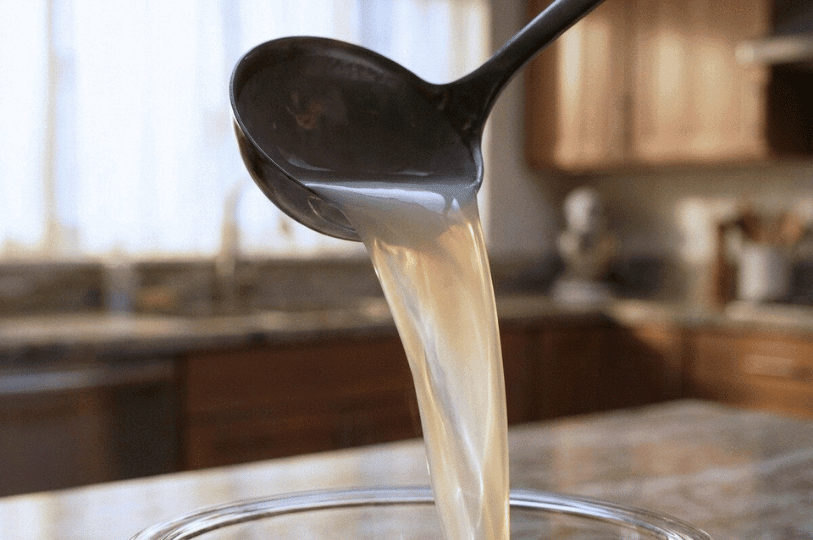 A close-up shot of opaque, pale-yellow pasta water being poured from a metal ladle into a glass bowl, showcasing the thick, starchy consistency of the liquid. A close-up shot of opaque, pale-yellow pasta water being poured from a metal ladle into a glass bowl, showcasing the thick, starchy consistency of the liquid.