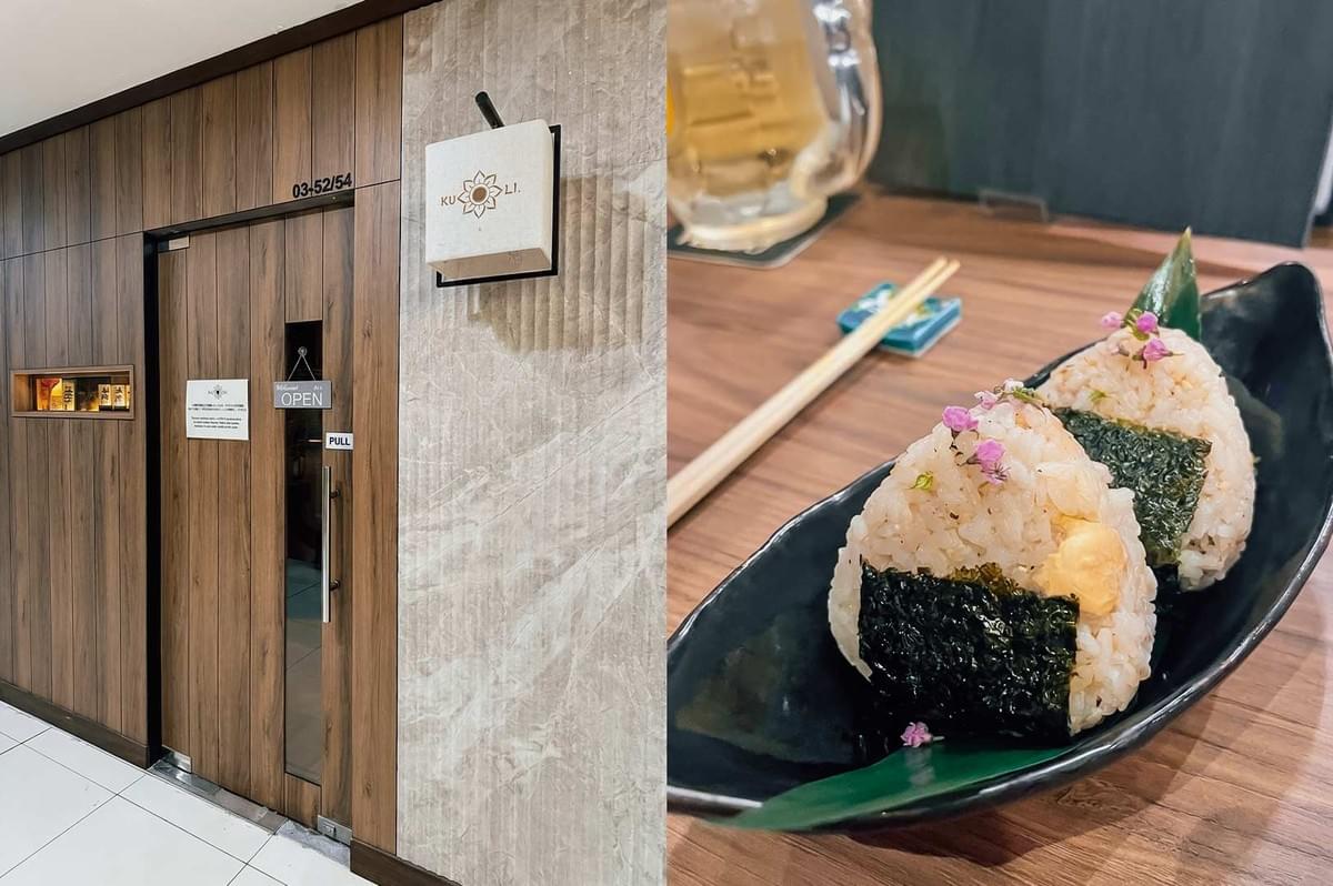 A two-panel collage highlighting a Japanese dining establishment: the left panel shows a modern wooden-paneled entrance with a square sign reading "KURI" mounted on a light gray marble wall next to the door; the right panel shows a close-up of two seasoned onigiri (rice balls) wrapped in nori seaweed, garnished with tiny pink edible flowers, and served on a dark leaf-shaped dish. A two-panel collage highlighting a Japanese dining establishment: the left panel shows a modern wooden-paneled entrance with a square sign reading "KURI" mounted on a light gray marble wall next to the door; the right panel shows a close-up of two seasoned onigiri (rice balls) wrapped in nori seaweed, garnished with tiny pink edible flowers, and served on a dark leaf-shaped dish.