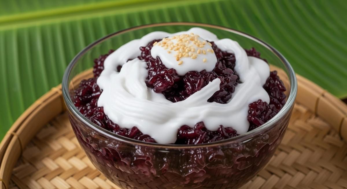 A glass bowl is filled with dark purple sticky rice pudding, garnished with a swirl of thick white cream and toasted sesame seeds. The dish rests on a woven bamboo tray with a large green banana leaf in the background, creating a natural, tropical aesthetic. A glass bowl is filled with dark purple sticky rice pudding, garnished with a swirl of thick white cream and toasted sesame seeds. The dish rests on a woven bamboo tray with a large green banana leaf in the background, creating a natural, tropical aesthetic.