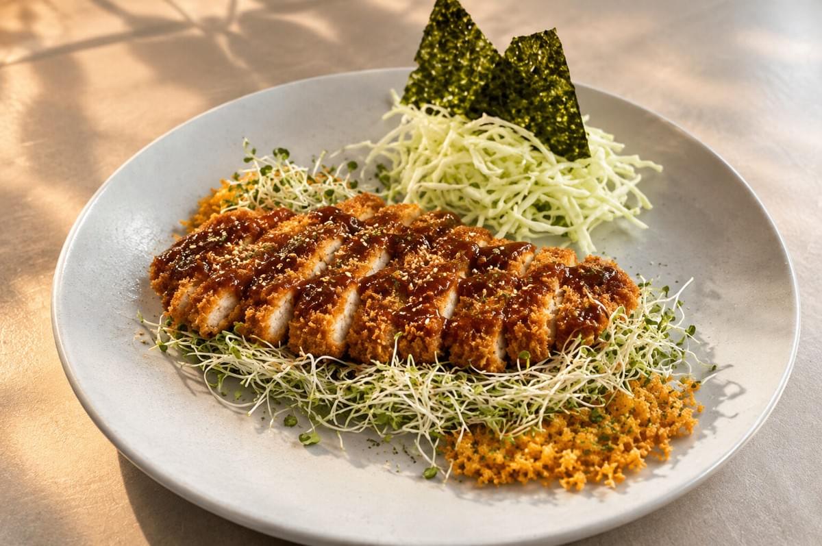 Bowl of Japanese curry topped with crispy chicken katsu, steamed white rice, and pickled vegetables. Bowl of Japanese curry topped with crispy chicken katsu, steamed white rice, and pickled vegetables.