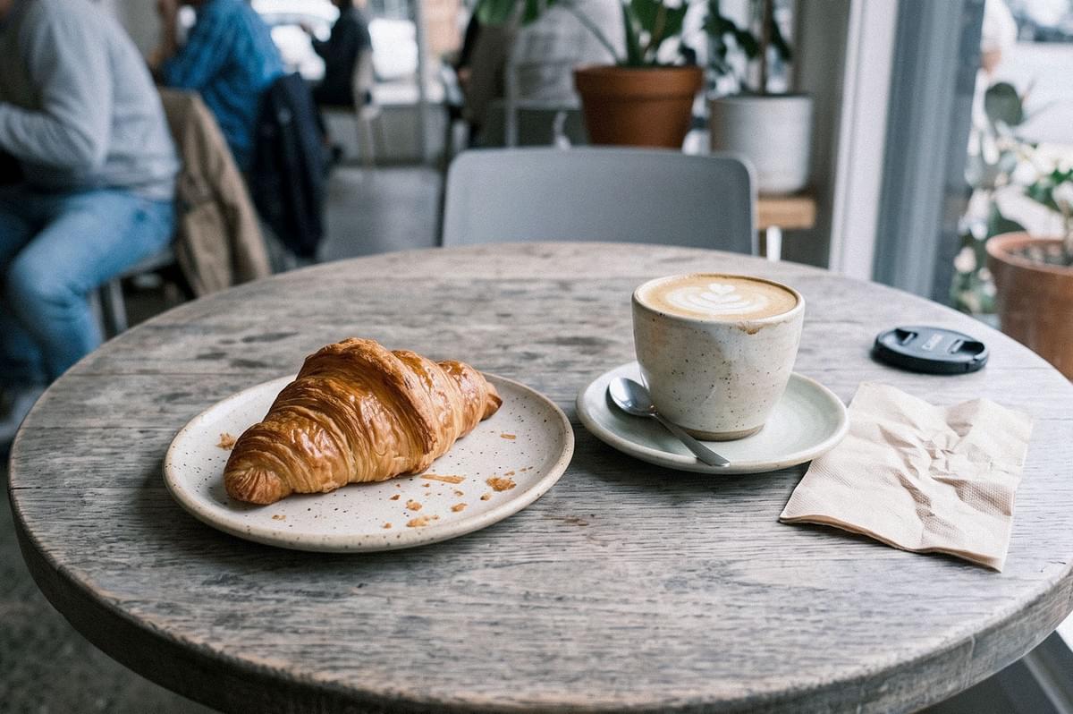 A golden, flaky croissant on a ceramic plate beside a cup of latte art on a round café table. A golden, flaky croissant on a ceramic plate beside a cup of latte art on a round café table.