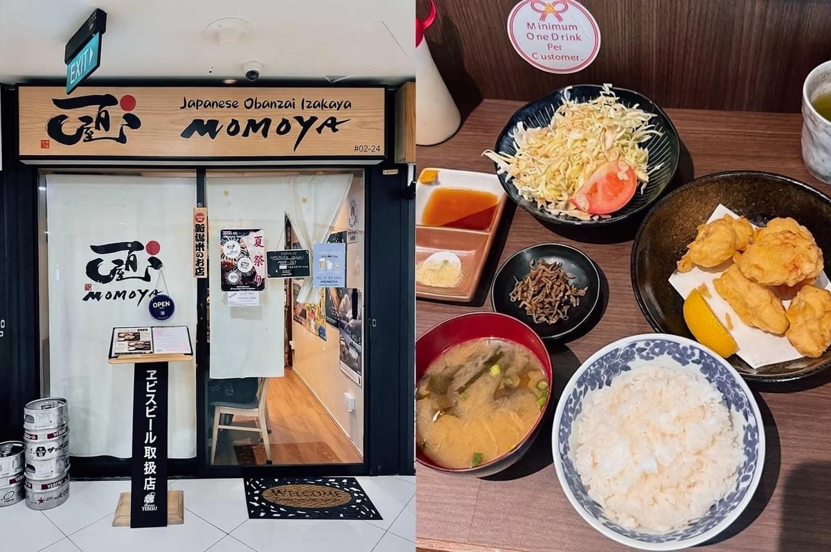 A two-panel collage highlighting Japanese Obanzai Izakaya Momoya: the left panel shows the entrance with a wooden sign reading "Japanese Obanzai Izakaya MOMOYA #02-24", a white doorway curtain (noren), glass doors, and stacked beer kegs outside; the right panel shows a meal set featuring a bowl of white rice, miso soup, crispy tempura with a lemon wedge, a side salad with tomato, dipping sauces, and a small side dish. A two-panel collage highlighting Japanese Obanzai Izakaya Momoya: the left panel shows the entrance with a wooden sign reading "Japanese Obanzai Izakaya MOMOYA #02-24", a white doorway curtain (noren), glass doors, and stacked beer kegs outside; the right panel shows a meal set featuring a bowl of white rice, miso soup, crispy tempura with a lemon wedge, a side salad with tomato, dipping sauces, and a small side dish.