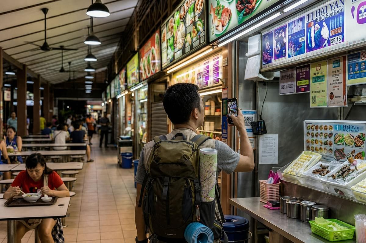 Backpacker tourist photographing hawker center food stalls with menu displays in a bustling Singapore food court Backpacker tourist photographing hawker center food stalls with menu displays in a bustling Singapore food court