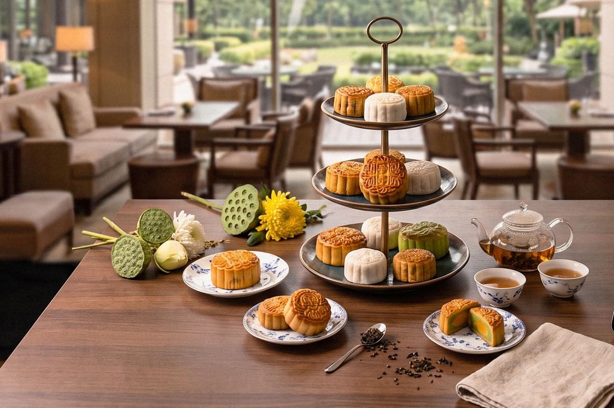 Assorted mooncakes arranged on a tiered serving stand with Chinese tea, flowers, and sliced mooncakes on a restaurant table. Assorted mooncakes arranged on a tiered serving stand with Chinese tea, flowers, and sliced mooncakes on a restaurant table.