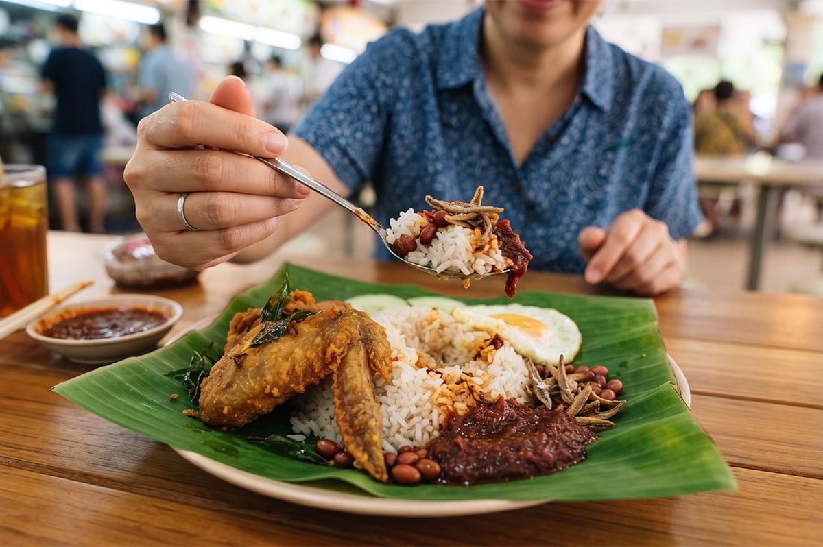 Person eating delicious Nasi Lemak with fried chicken, rice, sambal, and egg served on a banana leaf. Person eating delicious Nasi Lemak with fried chicken, rice, sambal, and egg served on a banana leaf.