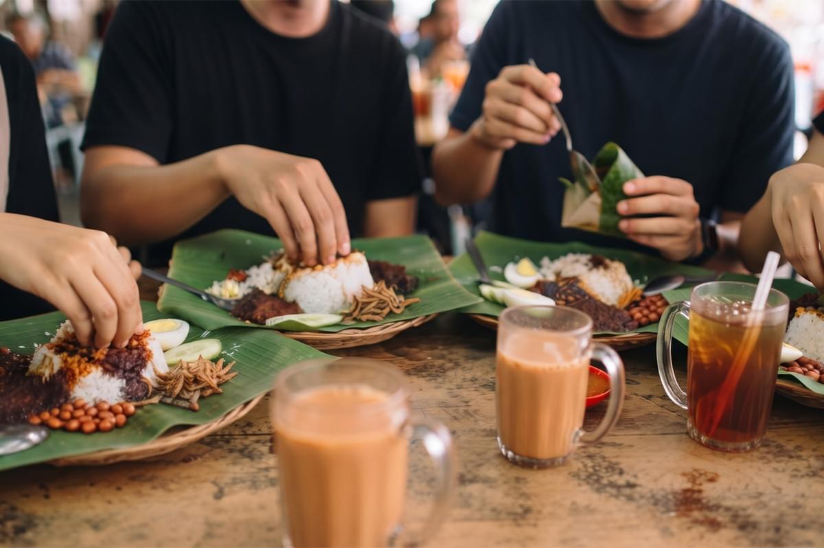 Friends eating Nasi Lemak on banana leaves with iced milk tea at a restaurant. Friends eating Nasi Lemak on banana leaves with iced milk tea at a restaurant.
