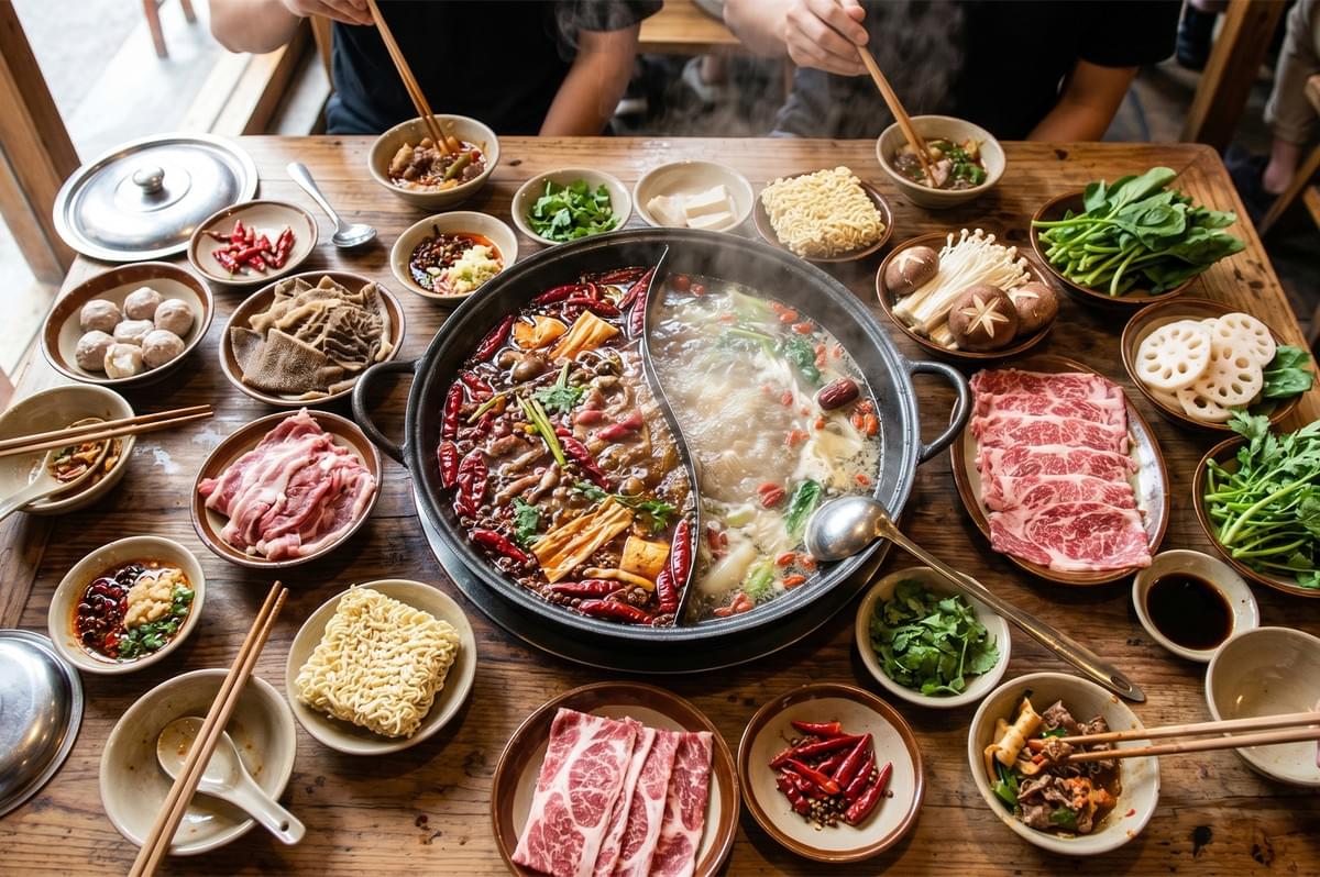 Chinese hot pot table setting with split broth pot, sliced wagyu beef, noodles, mushrooms, and dipping sauces. Chinese hot pot table setting with split broth pot, sliced wagyu beef, noodles, mushrooms, and dipping sauces.