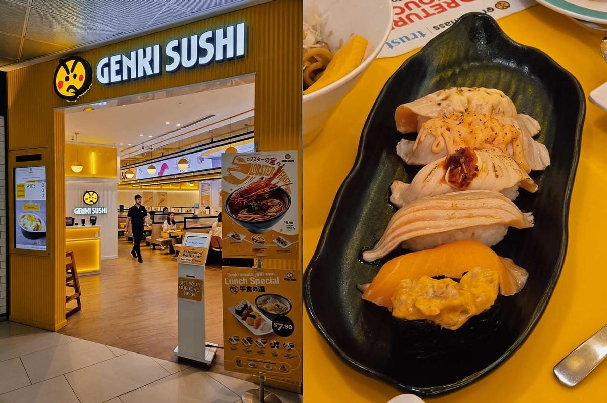 This split-screen image features Genki Sushi, displaying its brightly lit entrance on the left with yellow architectural framing, prominent logo signage, and promotional standees, while the right side presents a close-up overhead view of a dark ceramic platter loaded with various salmon nigiri and gunkan sushi pieces topped with savory sauces. This split-screen image features Genki Sushi, displaying its brightly lit entrance on the left with yellow architectural framing, prominent logo signage, and promotional standees, while the right side presents a close-up overhead view of a dark ceramic platter loaded with various salmon nigiri and gunkan sushi pieces topped with savory sauces.