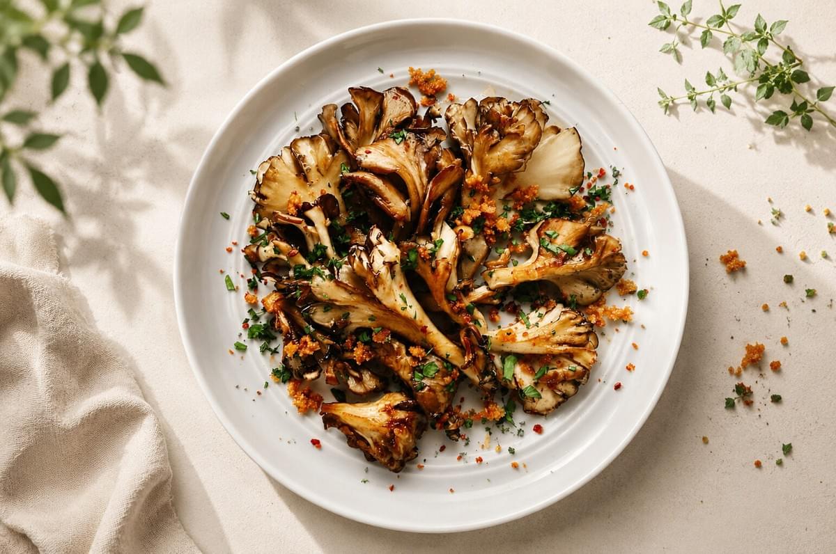 Roasted maitake mushrooms garnished with crispy breadcrumbs and chopped herbs on a white plate. Roasted maitake mushrooms garnished with crispy breadcrumbs and chopped herbs on a white plate.