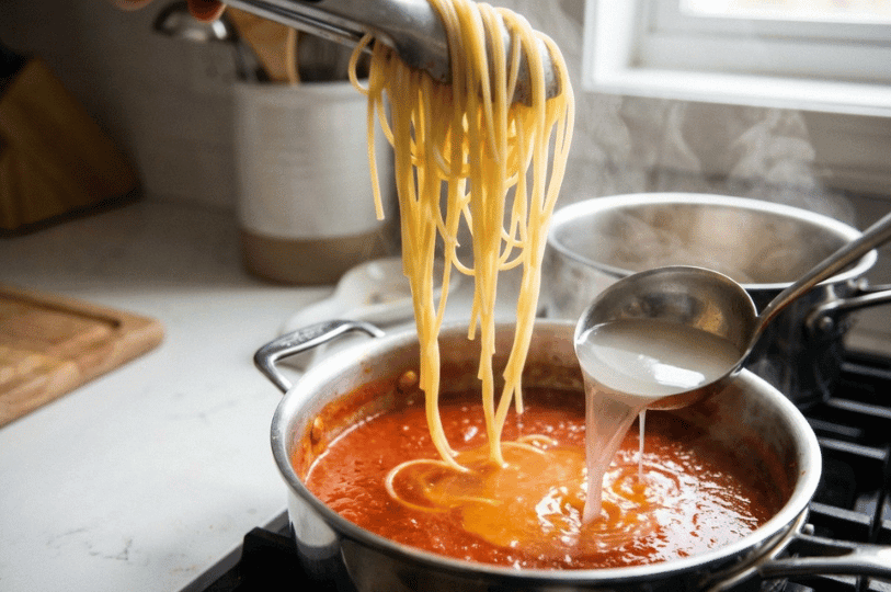 An action shot of cloudy pasta water being ladled into a pan of simmering red tomato sauce while tongs lift long spaghetti strands, demonstrating the emulsification process. An action shot of cloudy pasta water being ladled into a pan of simmering red tomato sauce while tongs lift long spaghetti strands, demonstrating the emulsification process.
