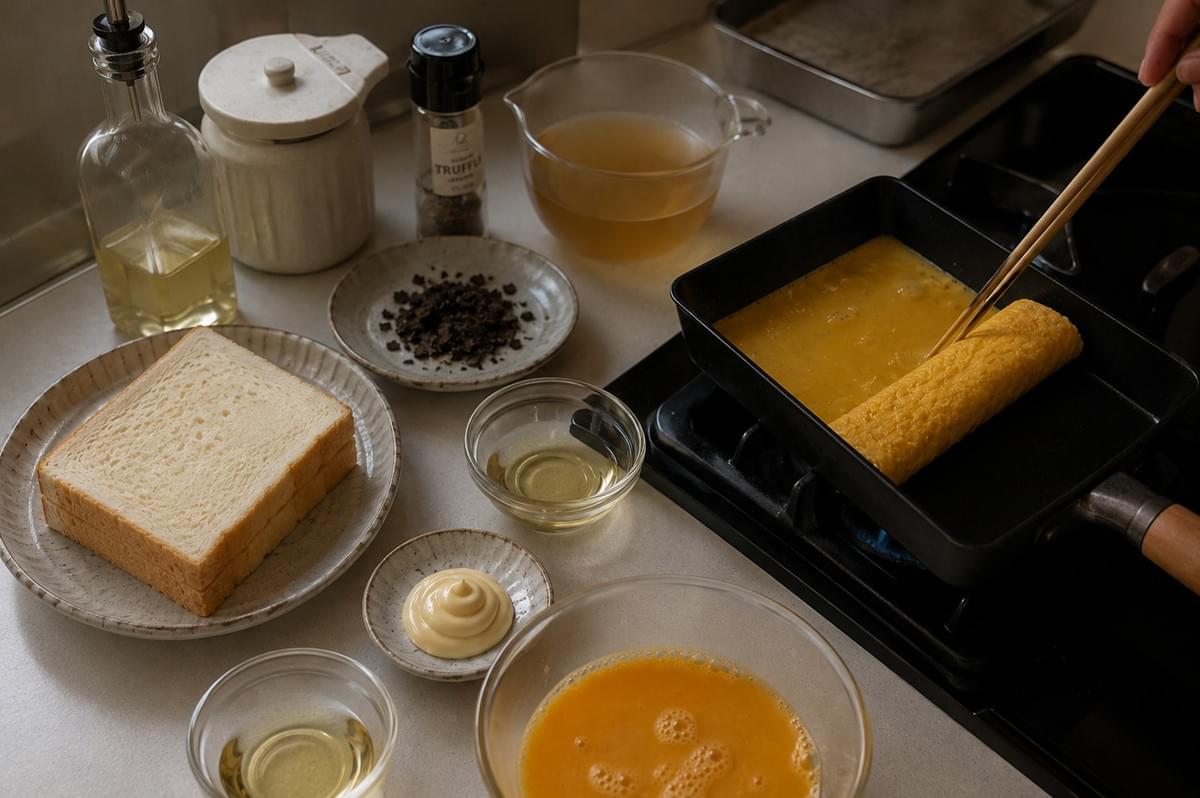 This overhead shot provides an organized view of the mis-en-place for an elevated Japanese egg sandwich spread across a neutral kitchen counter. In the center, a person is actively rolling an omelet in a rectangular tamagoyaki pan, surrounded by ingredients including a bowl of golden dashi broth, a bowl of whisked eggs, a small dish of Kewpie mayonnaise, a plate of minced black truffles, and a bottle of truffle oil. Two thick, pillowy slices of Japanese milk bread sit on a ceramic plate to the left, highlighting the contrast between the simple, high-quality ingredients and the technical skill involved in the cooking process. This overhead shot provides an organized view of the mis-en-place for an elevated Japanese egg sandwich spread across a neutral kitchen counter. In the center, a person is actively rolling an omelet in a rectangular tamagoyaki pan, surrounded by ingredients including a bowl of golden dashi broth, a bowl of whisked eggs, a small dish of Kewpie mayonnaise, a plate of minced black truffles, and a bottle of truffle oil. Two thick, pillowy slices of Japanese milk bread sit on a ceramic plate to the left, highlighting the contrast between the simple, high-quality ingredients and the technical skill involved in the cooking process.
