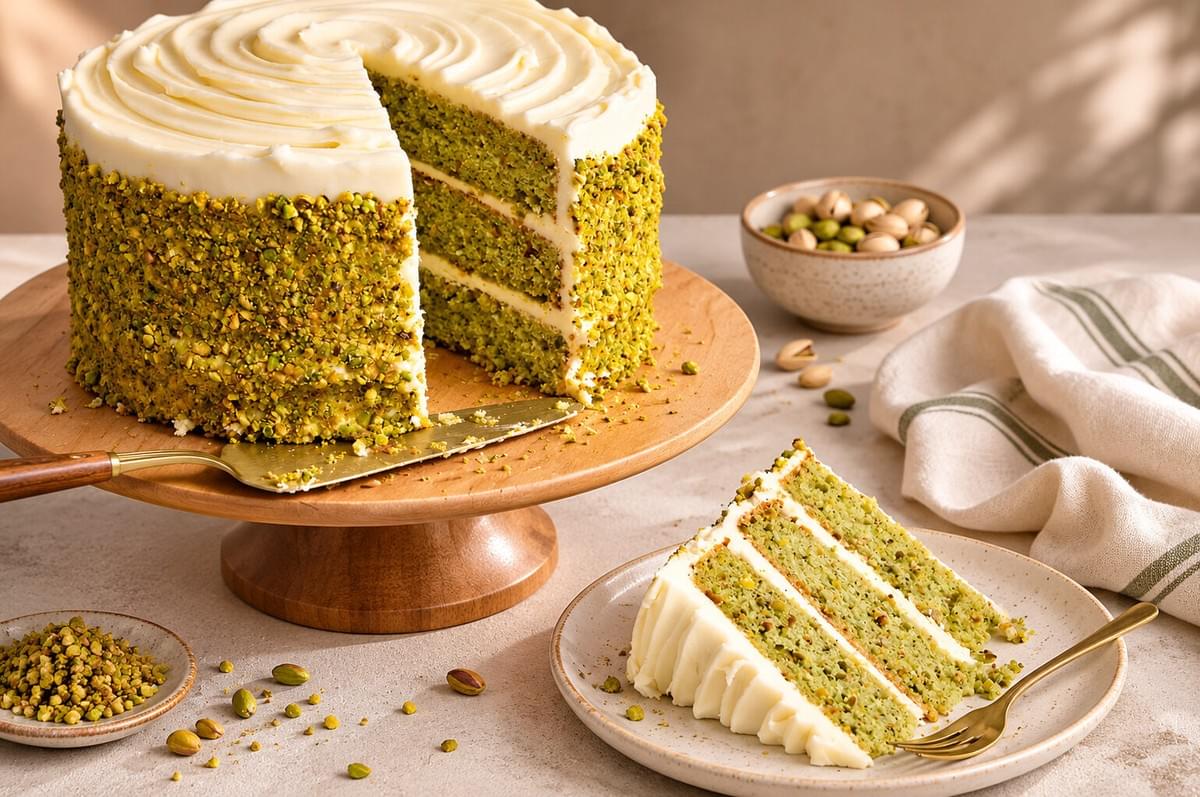A three-layer pistachio cake with white frosting and a pistachio-crusted exterior on a wooden stand, with a single slice served on a small plate in front. A three-layer pistachio cake with white frosting and a pistachio-crusted exterior on a wooden stand, with a single slice served on a small plate in front.