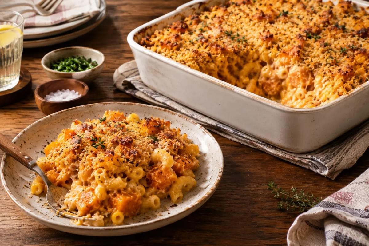 A plate of sweet potato mac and cheese topped with herbs, next to a larger baking dish full of mac and cheese on a rustic table. A plate of sweet potato mac and cheese topped with herbs, next to a larger baking dish full of mac and cheese on a rustic table.