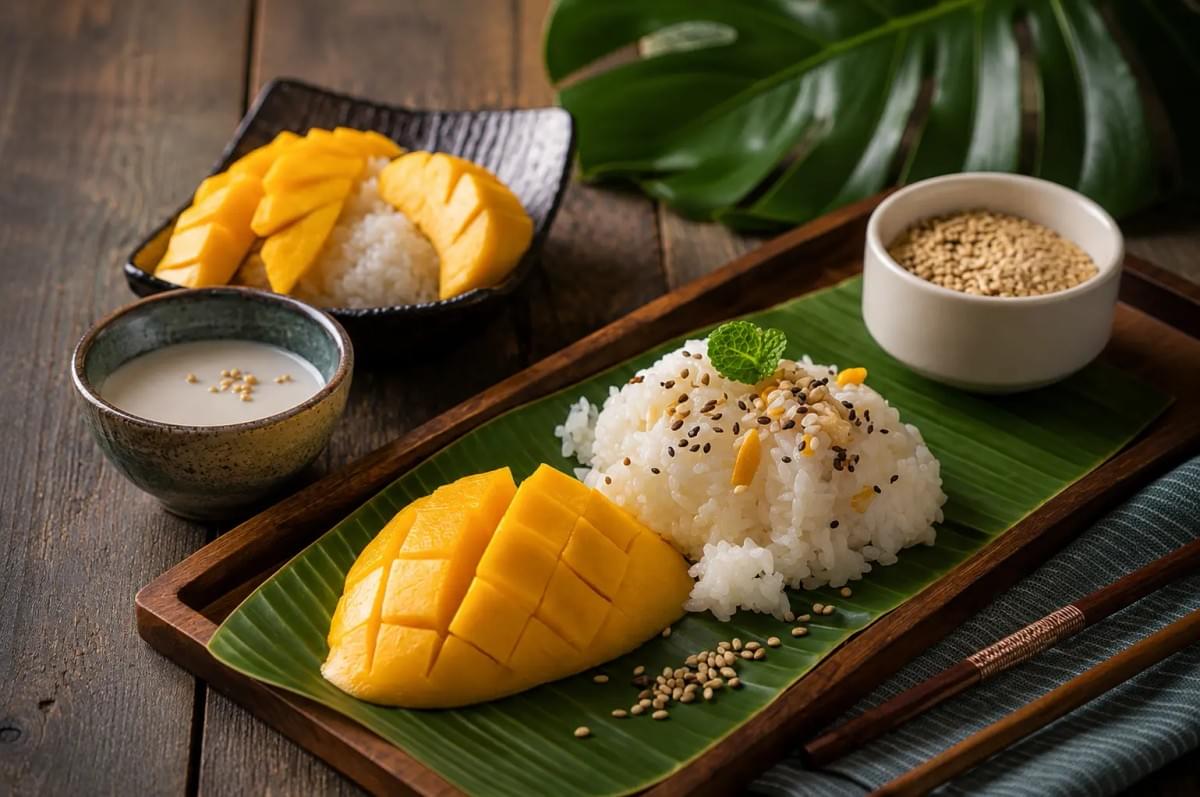 Plated mango sticky rice with toasted sesame seeds served on a wooden tray with coconut sauce. Plated mango sticky rice with toasted sesame seeds served on a wooden tray with coconut sauce.