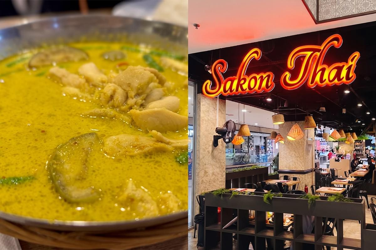 Sakon Thai restaurant storefront with green curry dish. Sakon Thai restaurant storefront with green curry dish.