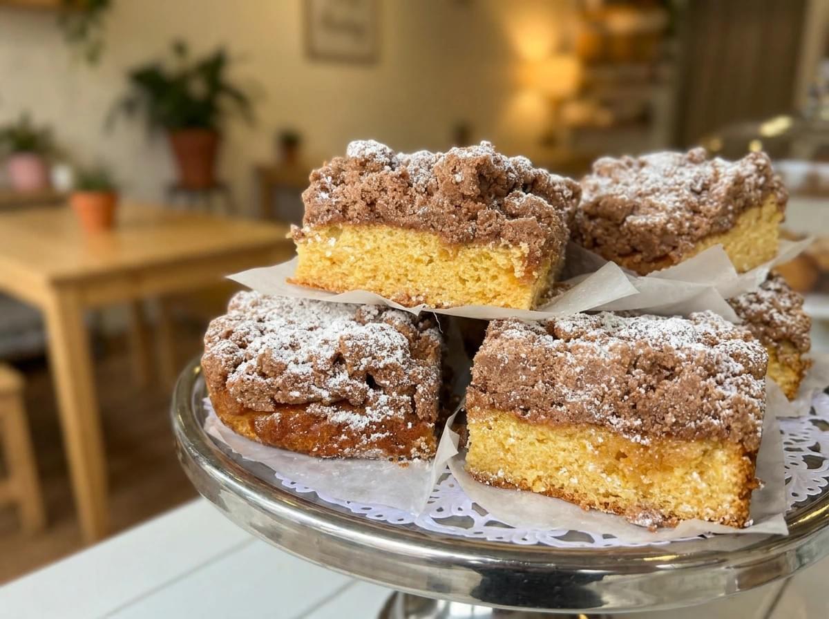 A baked sheet of crumb cake on a baking tray with one square piece cut out. A baked sheet of crumb cake on a baking tray with one square piece cut out.