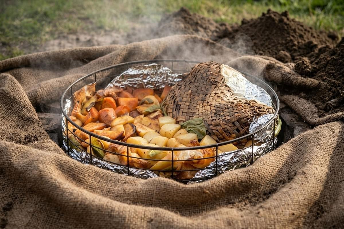 Wire basket filled with roasted root vegetables and a woven flax basket steaming inside an earth oven pit Wire basket filled with roasted root vegetables and a woven flax basket steaming inside an earth oven pit