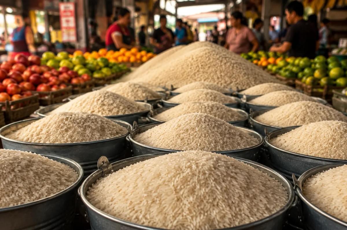 Multiple metal buckets piled high with raw white rice for sale at a bustling indoor outdoor market. Multiple metal buckets piled high with raw white rice for sale at a bustling indoor outdoor market.