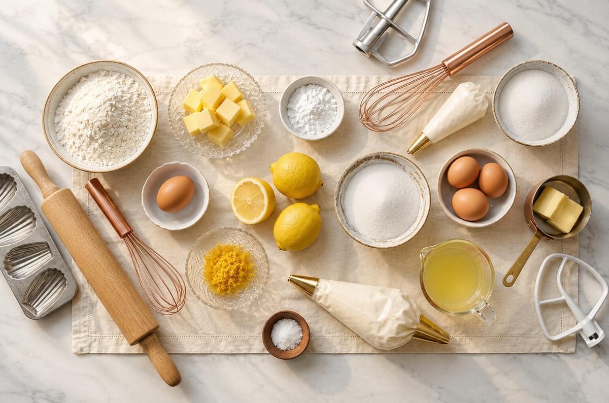 Flat lay of baking ingredients and utensils, including lemons, eggs, flour, butter, and piping bags. Flat lay of baking ingredients and utensils, including lemons, eggs, flour, butter, and piping bags.