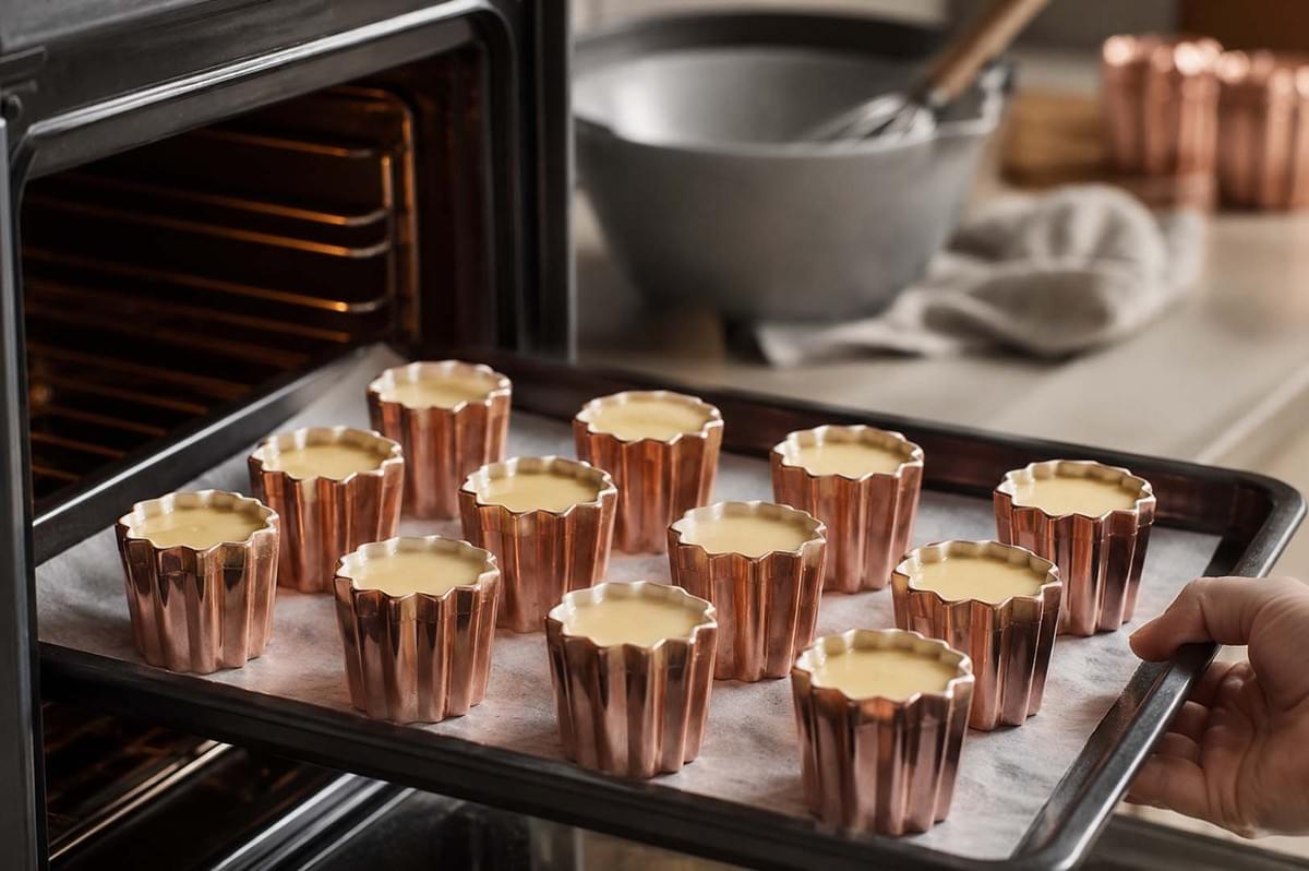 Hand sliding a baking tray filled with copper canelé molds into a hot oven Hand sliding a baking tray filled with copper canelé molds into a hot oven