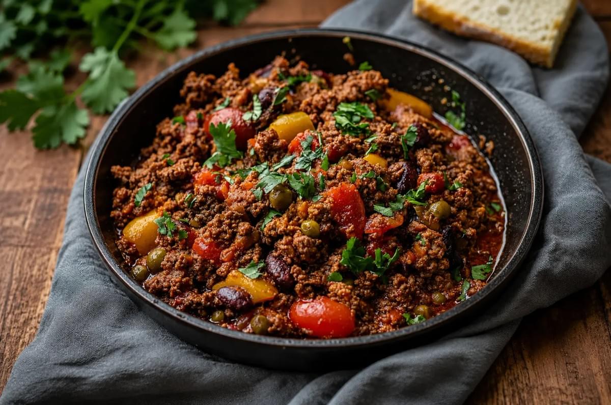 Close-up of a dark bowl filled with a hearty meat stew containing ground beef, tomatoes, beans, corn, and fresh parsley. Close-up of a dark bowl filled with a hearty meat stew containing ground beef, tomatoes, beans, corn, and fresh parsley.