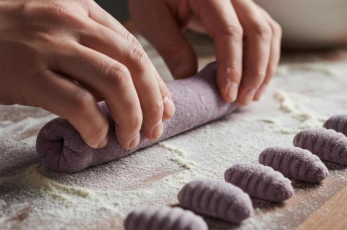 Hands rolling out purple yam dough on a floured surface next to freshly formed gnocchi with traditional ridges. Hands rolling out purple yam dough on a floured surface next to freshly formed gnocchi with traditional ridges.