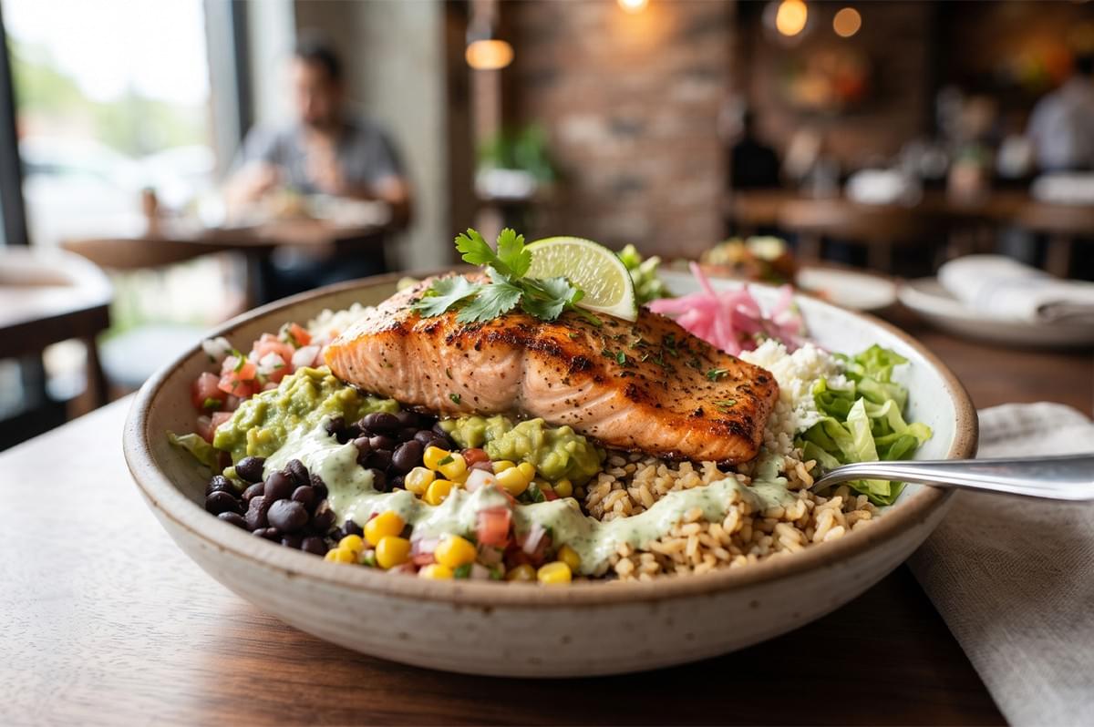 Grilled salmon burrito bowl with black beans, corn, guacamole, and cilantro lime dressing served in a restaurant. Grilled salmon burrito bowl with black beans, corn, guacamole, and cilantro lime dressing served in a restaurant.