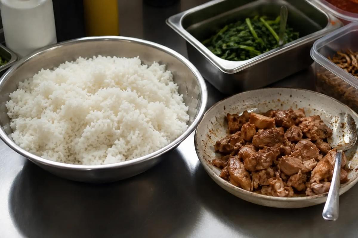 A stainless steel kitchen counter prep station holds a large metal bowl overflowing with fluffy, cooked white rice next to a shallow ceramic dish filled with marinated chicken pieces and a metal spoon. In the background sit stainless steel containers filled with leafy green vegetables and small dried anchovies. A stainless steel kitchen counter prep station holds a large metal bowl overflowing with fluffy, cooked white rice next to a shallow ceramic dish filled with marinated chicken pieces and a metal spoon. In the background sit stainless steel containers filled with leafy green vegetables and small dried anchovies.
