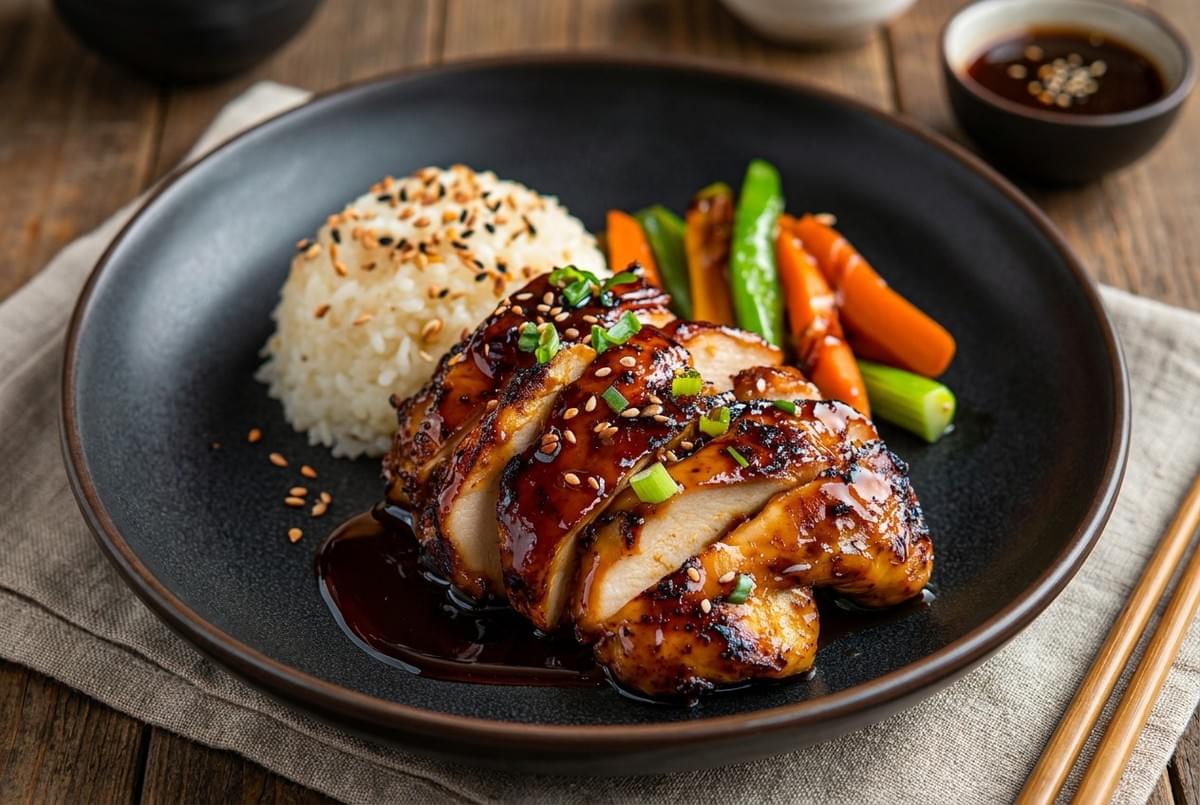 Plated chicken teriyaki with a side of white rice, steamed carrots, and snap peas. Plated chicken teriyaki with a side of white rice, steamed carrots, and snap peas.