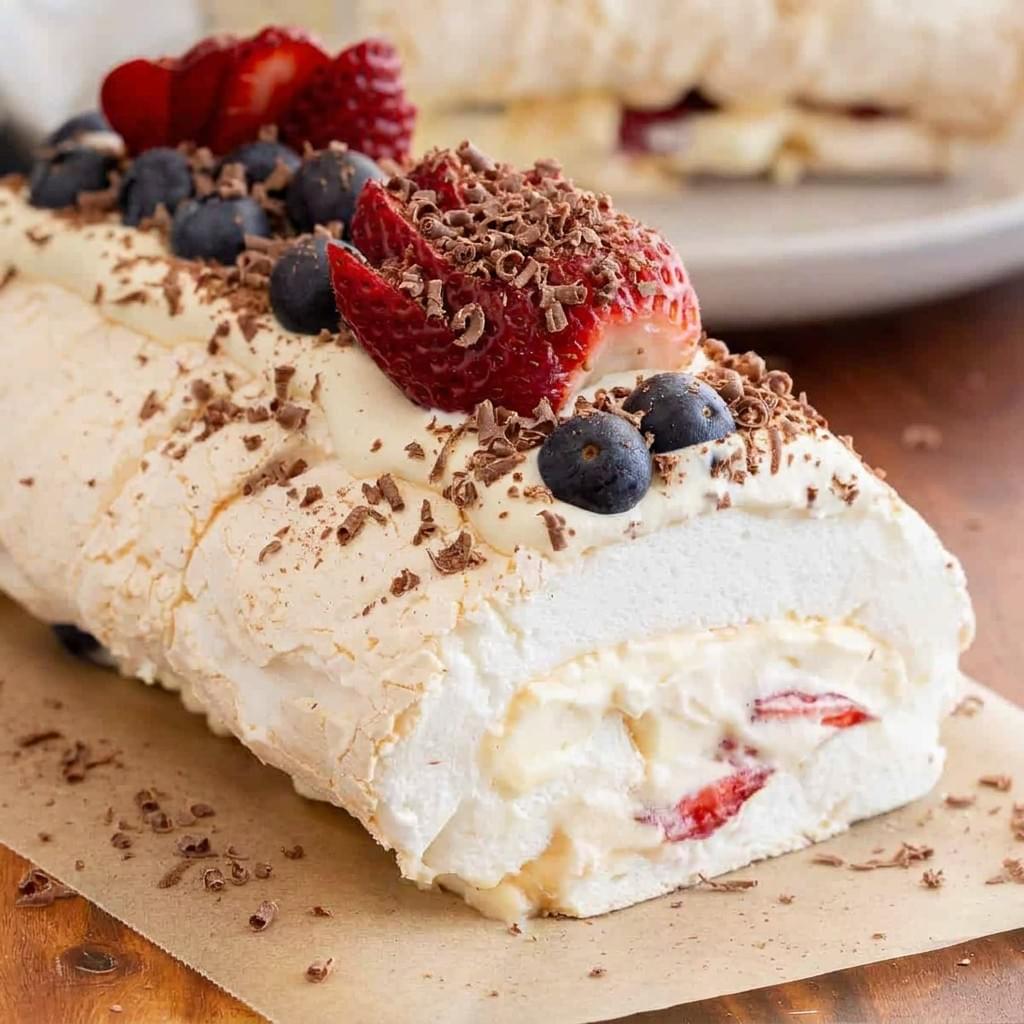 A close-up shot of a sliced pavlova roll with a lightly browned, crispy meringue exterior, thickly filled with white whipped cream and fresh, sliced strawberries. A close-up shot of a sliced pavlova roll with a lightly browned, crispy meringue exterior, thickly filled with white whipped cream and fresh, sliced strawberries.
