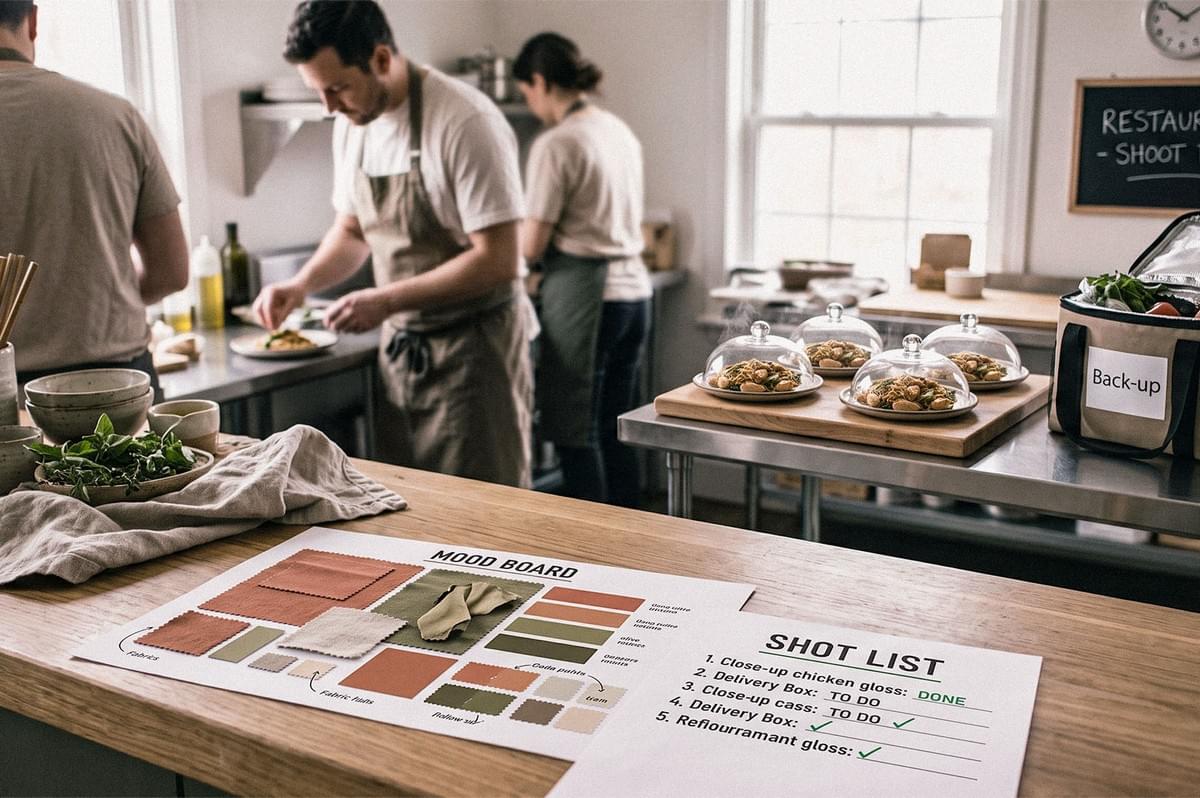 Food styling team preparing dishes in a kitchen, with plated food under glass covers and a mood board and shot list on a wooden table. Food styling team preparing dishes in a kitchen, with plated food under glass covers and a mood board and shot list on a wooden table.