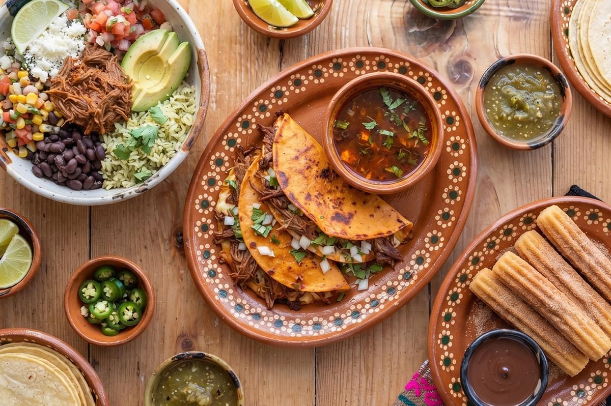 Birria tacos served with consomme, a burrito bowl, and churros with chocolate sauce on a rustic wooden table. Birria tacos served with consomme, a burrito bowl, and churros with chocolate sauce on a rustic wooden table.
