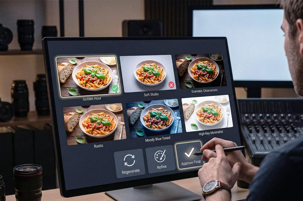 A person reviews different AI-generated editing styles for a pasta photo on a tablet, including Golden Hour, Soft Studio, Dramatic Chiaroscuro, Rustic, Moody Blue-Toned, and High-Key Minimalist. A person reviews different AI-generated editing styles for a pasta photo on a tablet, including Golden Hour, Soft Studio, Dramatic Chiaroscuro, Rustic, Moody Blue-Toned, and High-Key Minimalist.