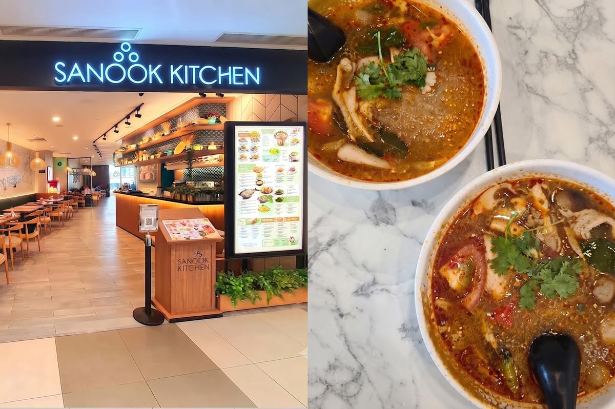 Sanook Kitchen restaurant storefront and bowls of authentic halal Thai Tom Yum soup. Sanook Kitchen restaurant storefront and bowls of authentic halal Thai Tom Yum soup.