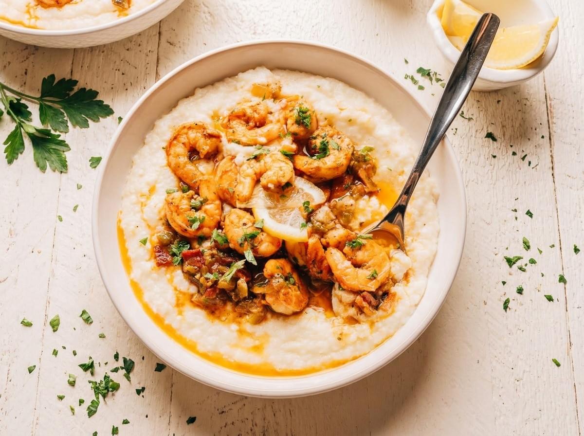 White bowl of shrimp and grits garnished with lemon and parsley. White bowl of shrimp and grits garnished with lemon and parsley.