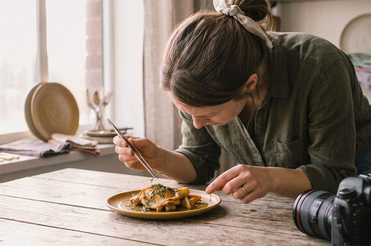 A photographer carefully adds herbs to a plated chicken dish while adjusting its presentation beside a camera. A photographer carefully adds herbs to a plated chicken dish while adjusting its presentation beside a camera.