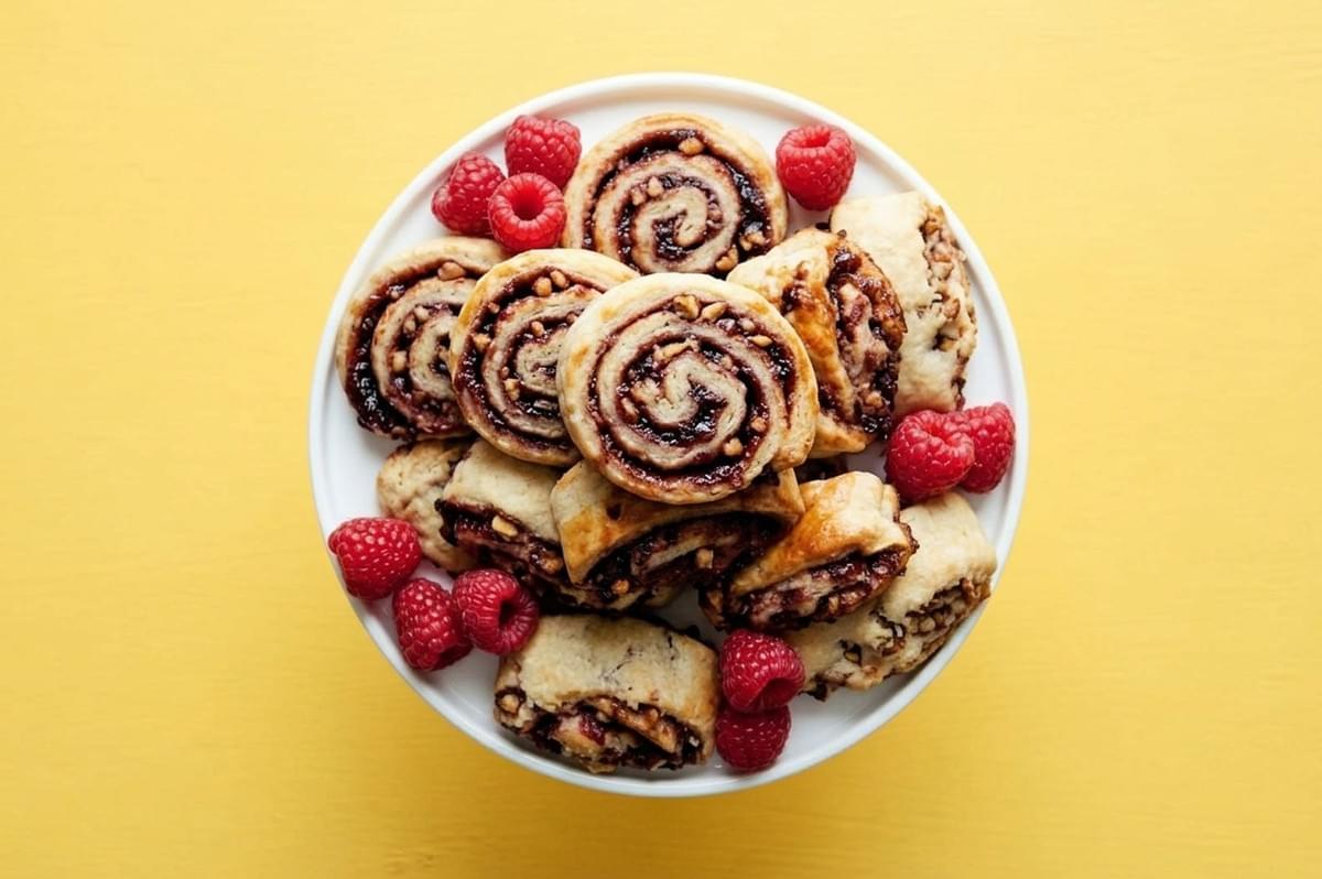 Plate of chocolate swirl rugelach with fresh raspberries on bright yellow background Plate of chocolate swirl rugelach with fresh raspberries on bright yellow background
