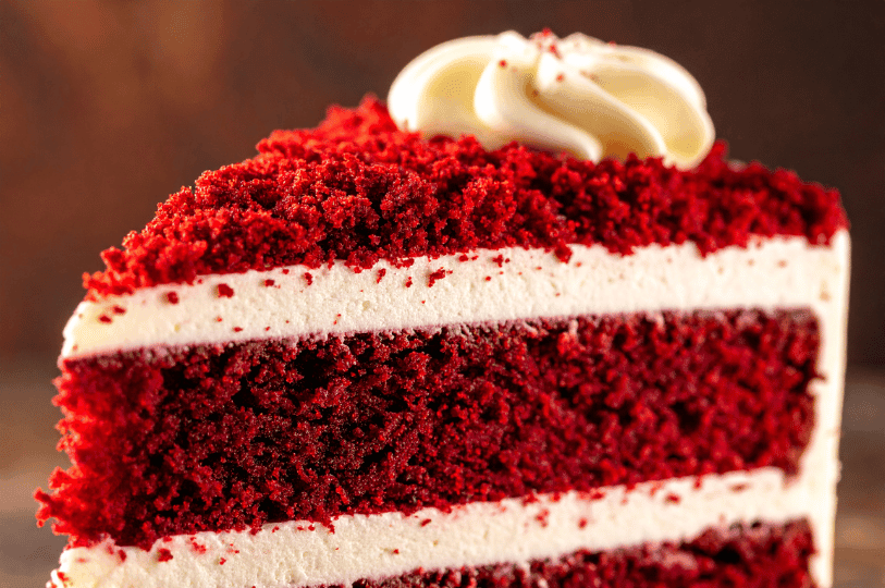 Extreme close-up of a red velvet cake slice highlighting its moist, vibrant red crumb and a thick, smooth layer of cream cheese frosting. Extreme close-up of a red velvet cake slice highlighting its moist, vibrant red crumb and a thick, smooth layer of cream cheese frosting.