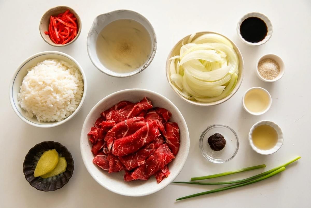 Overhead layout of Gyudon ingredients labeled in individual small bowls and dishes. Overhead layout of Gyudon ingredients labeled in individual small bowls and dishes.