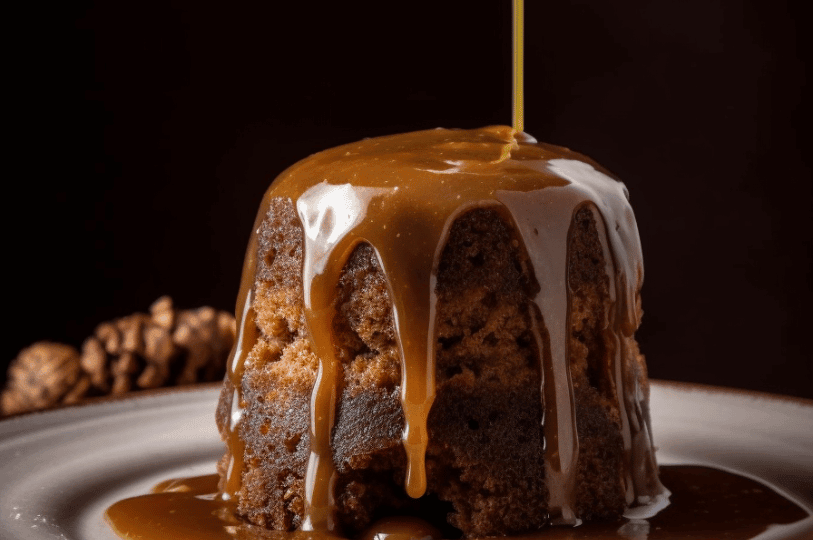 Warm, golden toffee sauce being poured over the top of a tall, rustic sticky toffee pudding, cascading down its textured sides against a dark background. Warm, golden toffee sauce being poured over the top of a tall, rustic sticky toffee pudding, cascading down its textured sides against a dark background.