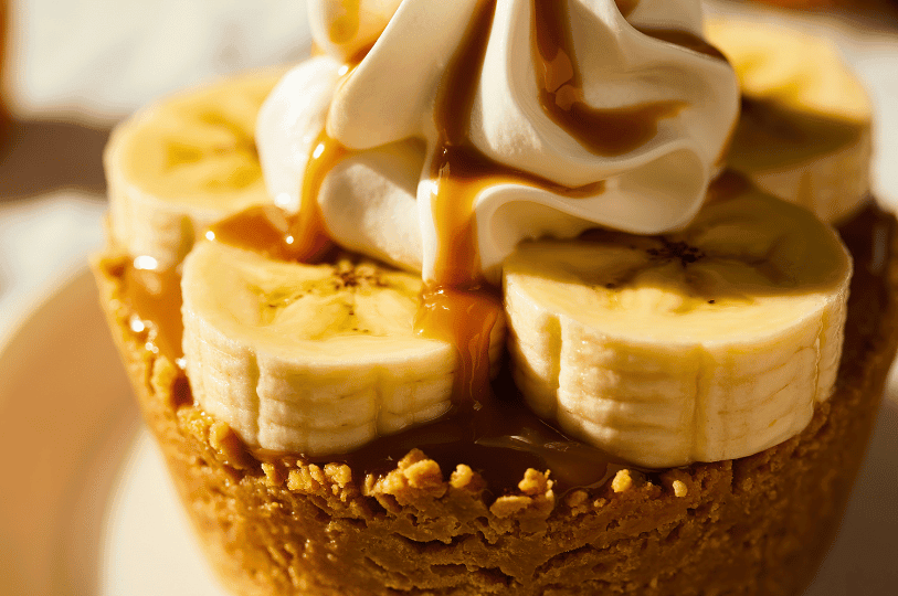 A close-up of an individual mini banoffee tart with a sturdy biscuit crust holding thick, overlapping banana slices, crowned with a peak of whipped cream and a glossy caramel drizzle. A close-up of an individual mini banoffee tart with a sturdy biscuit crust holding thick, overlapping banana slices, crowned with a peak of whipped cream and a glossy caramel drizzle.