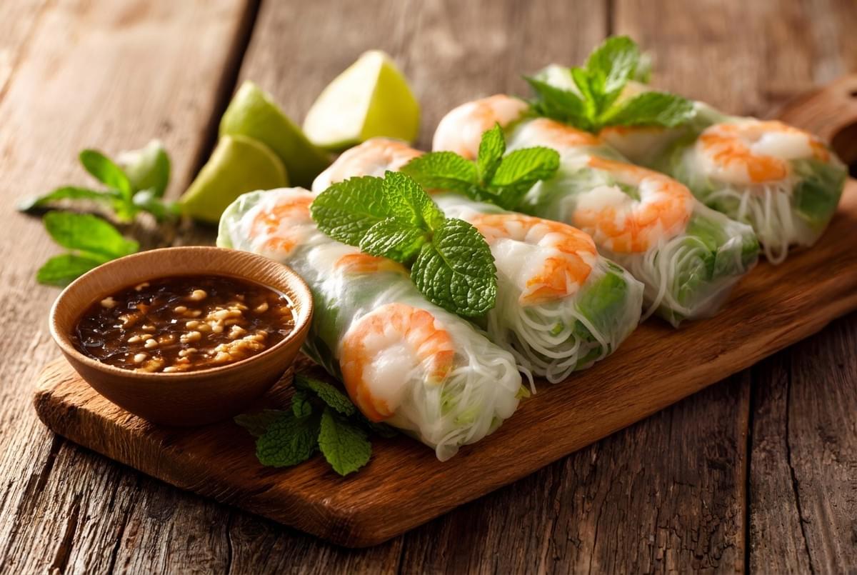 Vietnamese rice paper spring rolls filled with shrimp and mint served on a wooden board with dipping sauce. Vietnamese rice paper spring rolls filled with shrimp and mint served on a wooden board with dipping sauce.